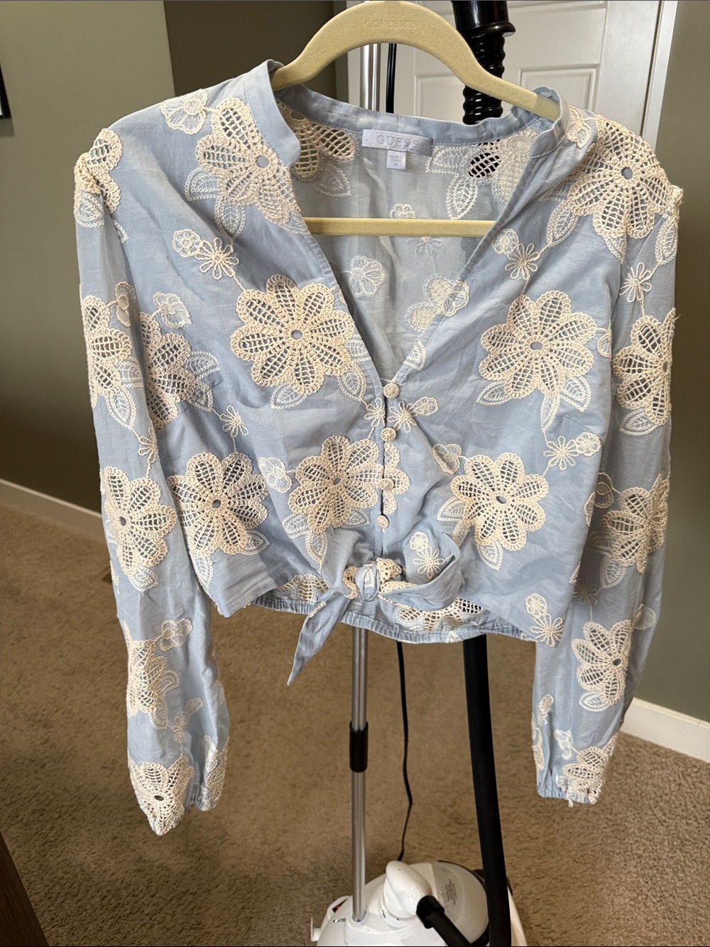 GUESS Light Blue Tie-Front Crochet Floral Crop Top